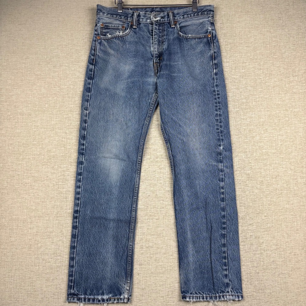 Levis 505 Mens 33x32 Jeans Medium Light Blue Distressed Washed Denim Frayed Hem